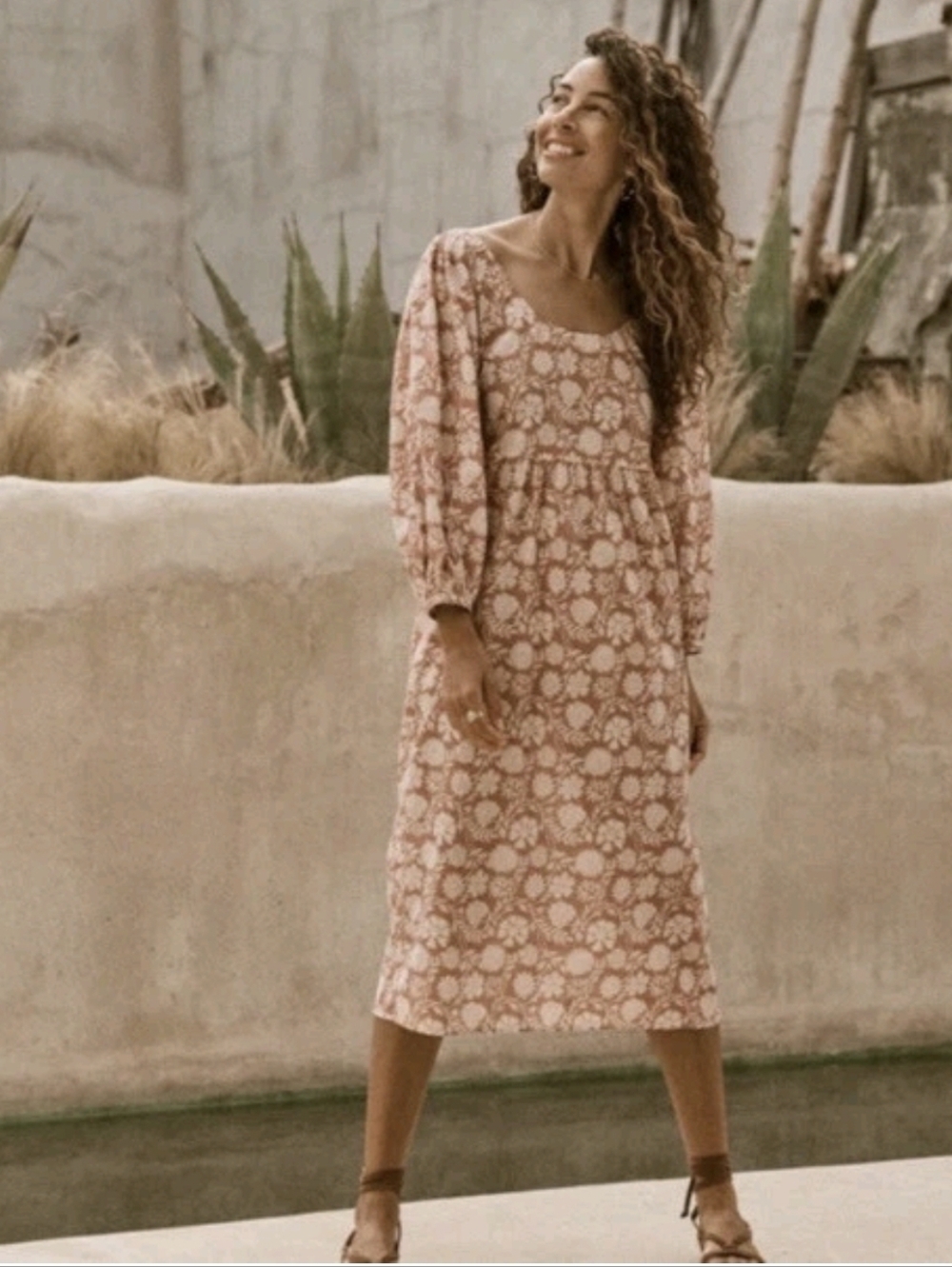 Faherty Freya Long Puff Sleeve Midi Dress In Clay Jai Floral Women's Size S